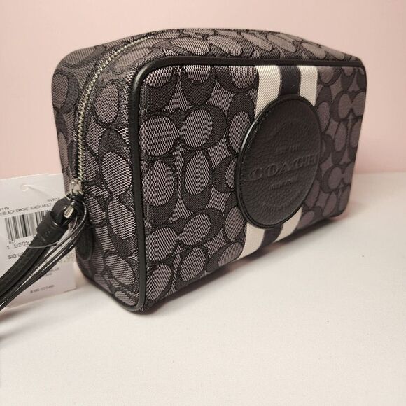 NWT COACH C9119 Dempsey Boxy Cosmetic Bag 20 Signature Black Canvas Stripes - Picture 3 of 7